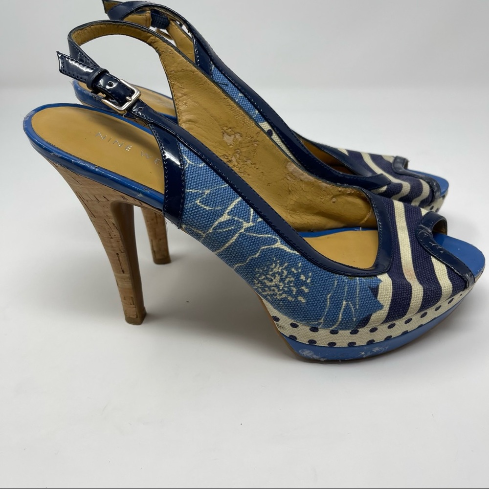 Nine West Blue Patterned Cork Heel Slingback Peep Toe Pumps Size 10 - Picture 4 of 8